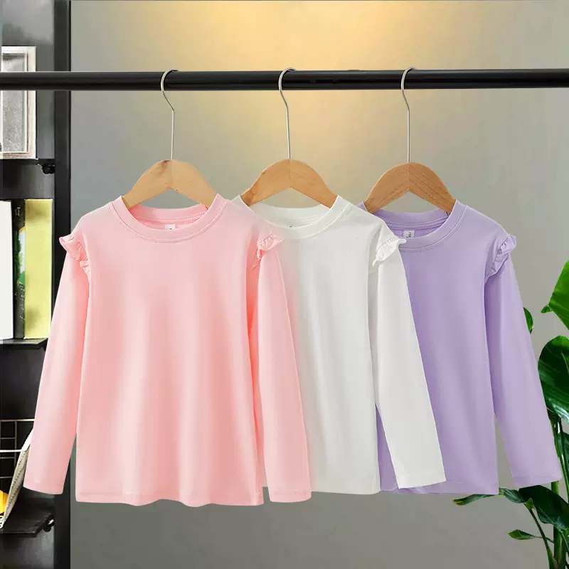 女童纯色长袖t恤2025新款荷叶边潮款童装春秋中大童纯棉圆领上衣
