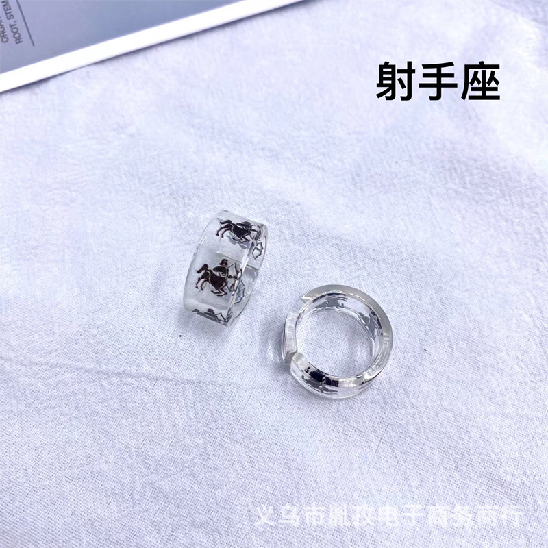 Nuevo 12 constelación patrón acrílico resina anillo transparente personalidad ajustable anillo transfronterizo Venta caliente exclusivo
