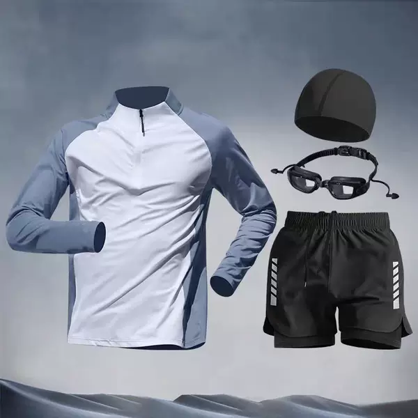 Men's Adult Sun-Protective Swimwear Set, Long-Sleeved Swimming Top, Loose-Fitting Youth Swim Trunks for Water Parks, Anti-Embarrassment Swim Shorts