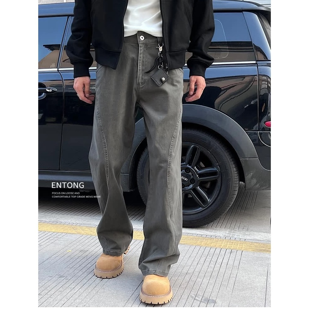 Men's Trendy High Street Distressed Patchwork Cargo Pants American Street Style Loose Straight Leg Casual Trousers_mkmklike.com