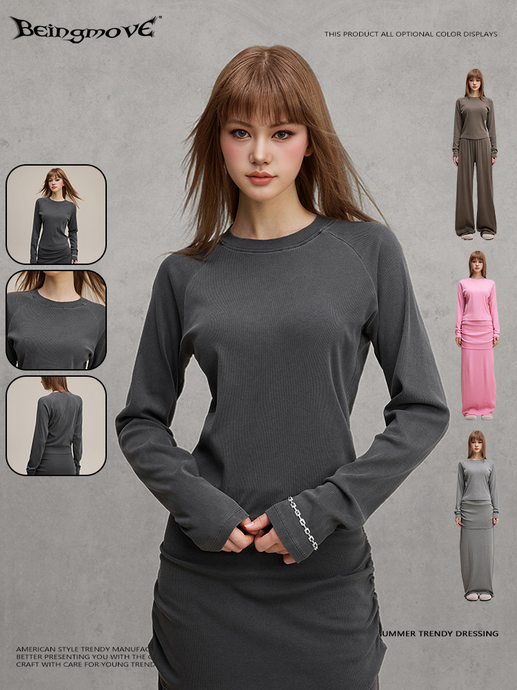 Calle secada| 2025 otoño Europa y los Estados Unidos comercio exterior de alta calidad sexy camiseta de hombro delgada de manga larga mujer