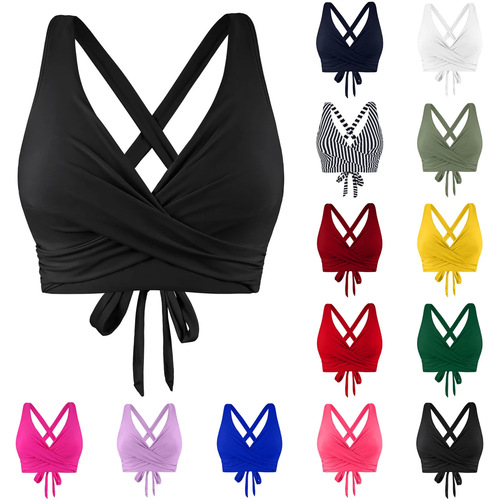 Bikini Top: Solid Color Strappy High-Waisted European and American Sexy One-Piece Swimsuit