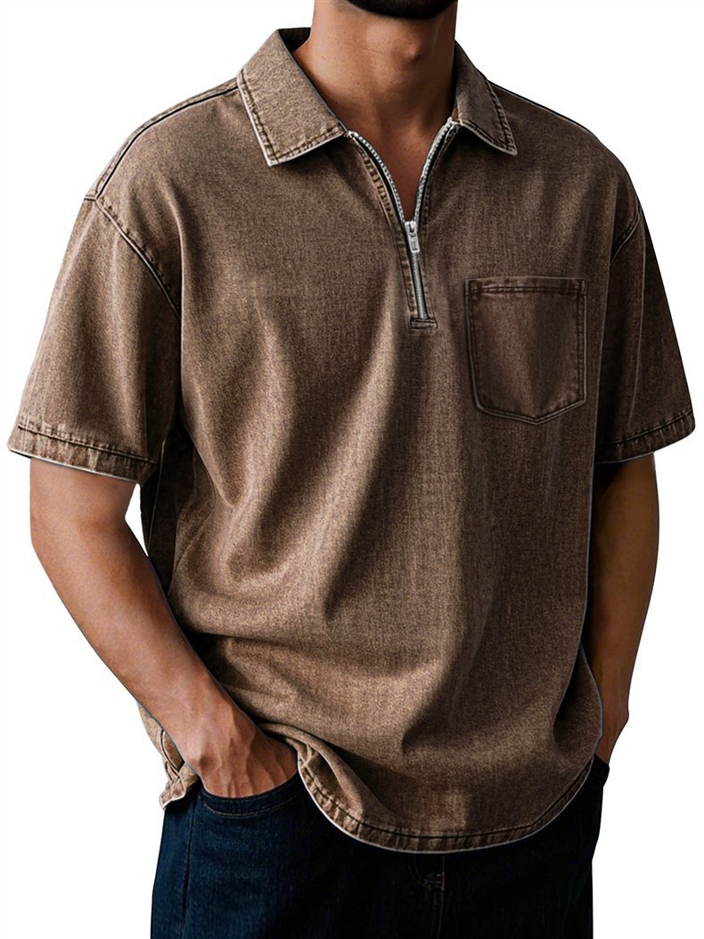 Men's Cotton Short Sleeve Polo Shirt - Classic Button-Down Collar Casual Top For Summer Vintage-Inspired Washed Finish_viptrois.com