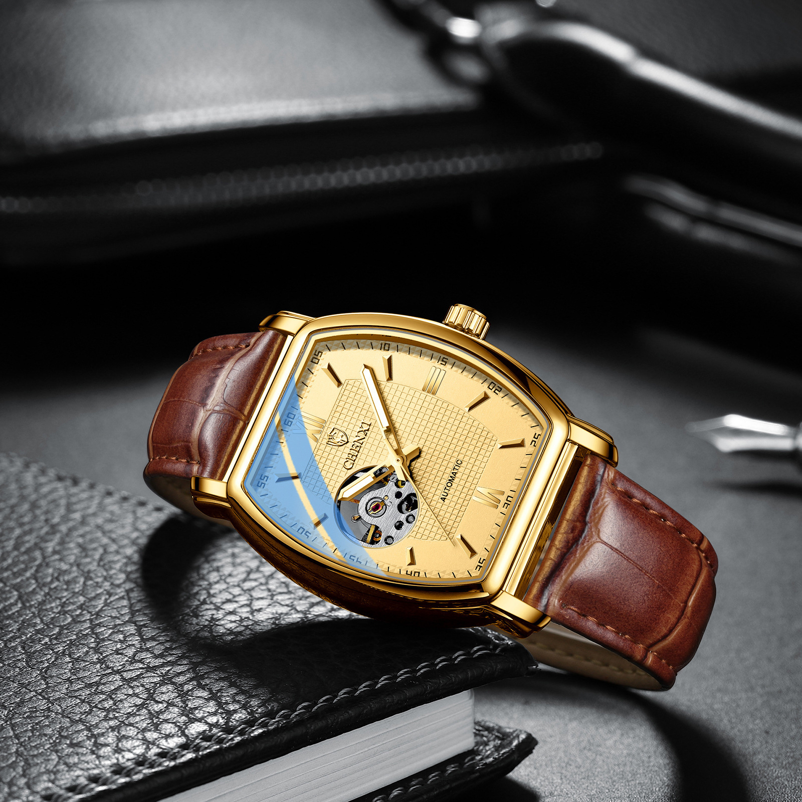 Chenxi reloj mecánico automático de los hombres de moda automática Cubo de vino cuadrado hueco transparente inferior reloj impermeable 8815