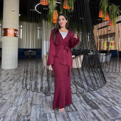 欧美女装跨境外贸时尚2025秋新款v领系带宽松百搭针织包臀毛衣裙