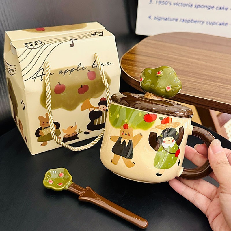 かわいい漫画アップルツリーマグカップ蓋付きスプーンクリエイティブイースタープレゼント水カップ家庭用陶磁器カップお土産|undefined