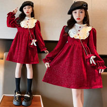 外貿跨境代發韓國冬季女童連衣裙加絨加厚蓬蓬裙大童雪尼爾新年裙