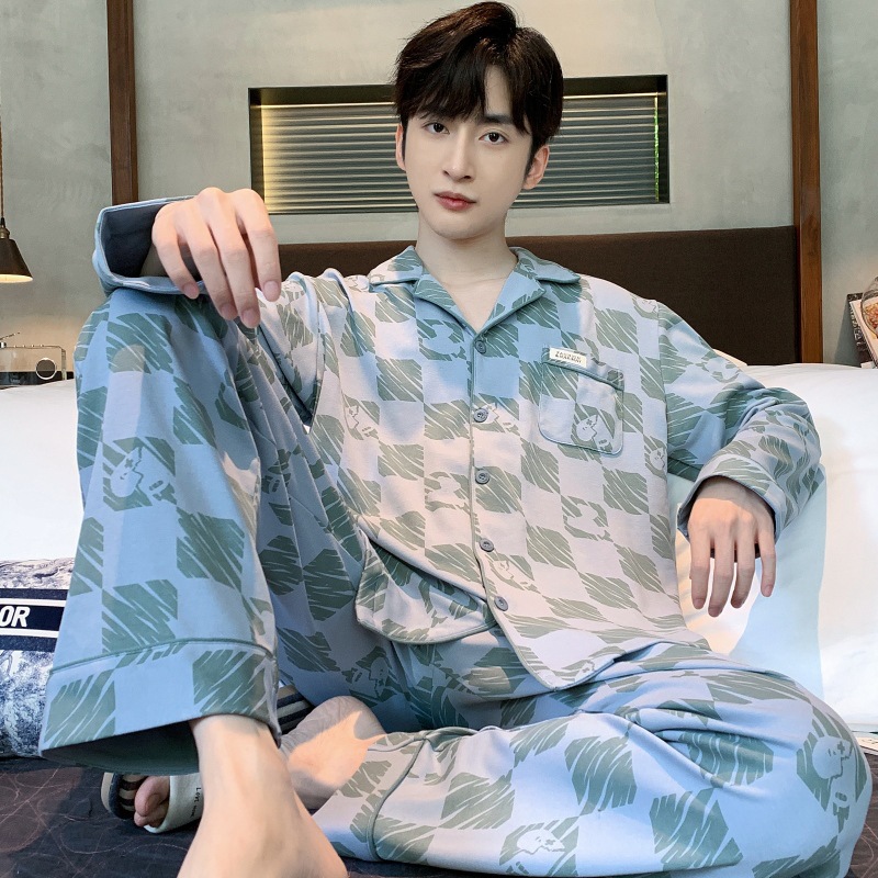 Pijamas de los hombres de primavera y otoño 100% algodón pantalones de manga larga delgada más tamaño de los hombres de alto grado traje de desgaste para el hogar