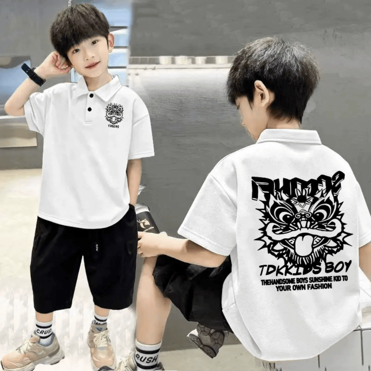 Boys casual short-sleeved Polo head national trend printed pure cotton children's short-sleeved summer fashionable Korean version mid-to-big children's trend