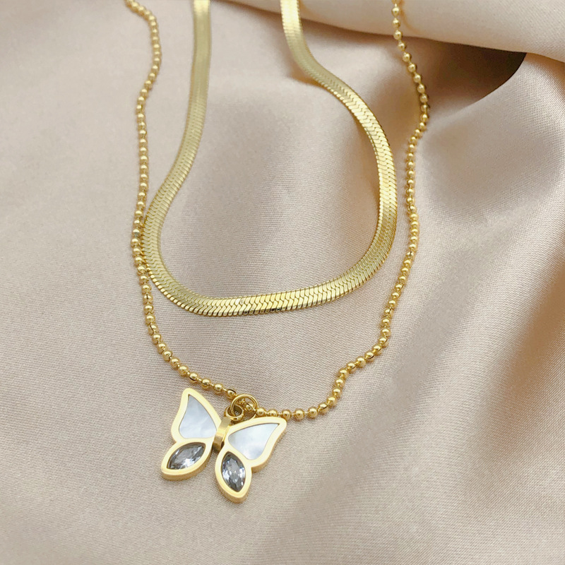 Fashion Butterfly Titanium Steel Inlay Shell Zircon Layered Necklaces 1 Piece