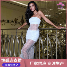 跨境新款时尚亮片性感连衣裙气质优雅一字领抹胸长裙高腰显瘦礼裙