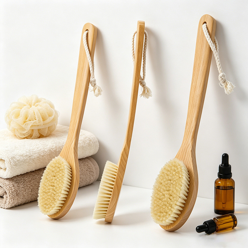 Cepillo de baño de madera maciza con mango largo y curvo, cepillo de masaje transfronterizo, cepillo exfoliante, cepillo de ducha, artículos de uso diario, cepillo para espalda con mango de madera
