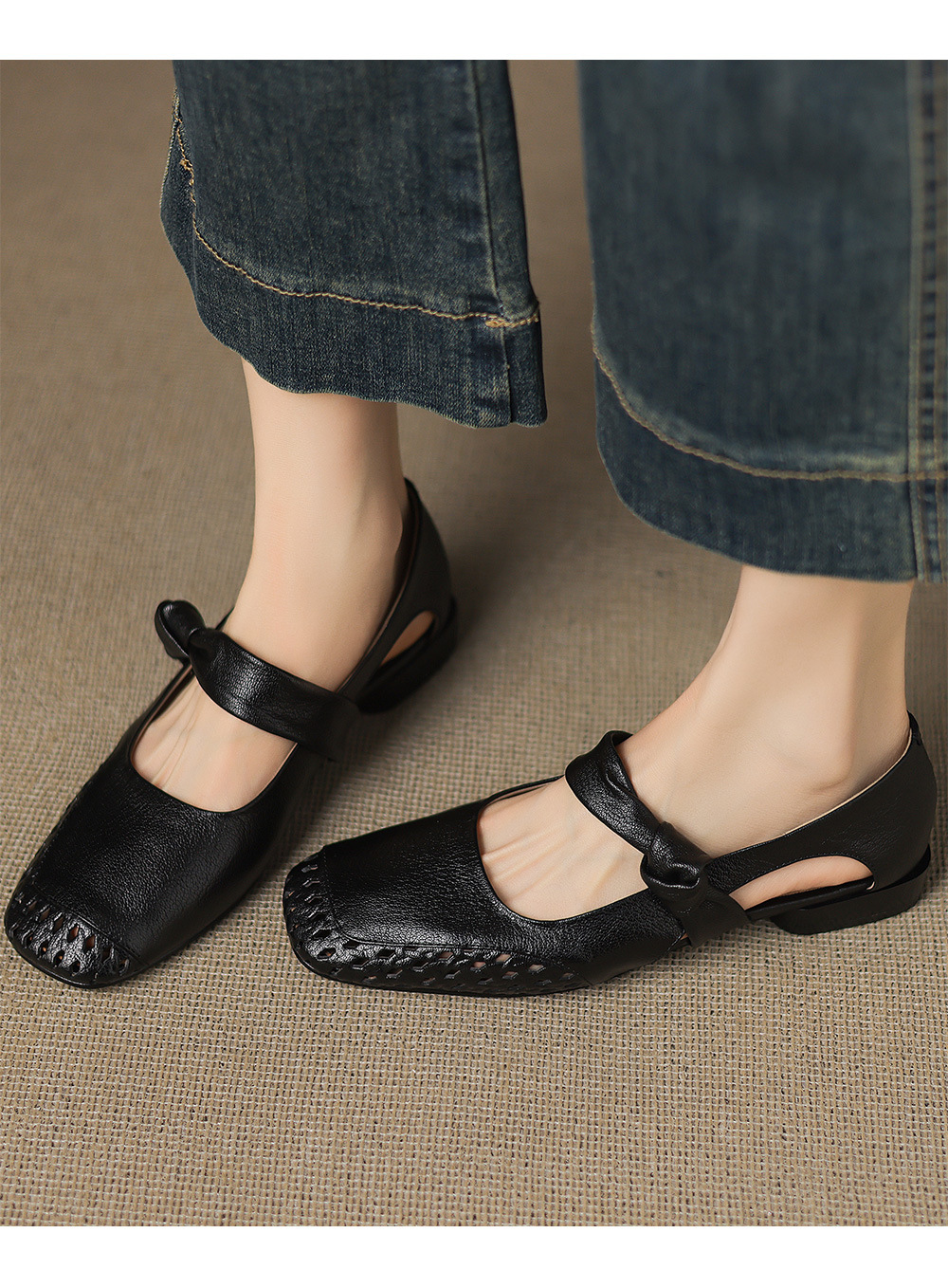 Sandal nữ mũi nhọn da dê đục lỗ gót thấp 2 cm, miệng nông hở mũi — đen chi tiết 11