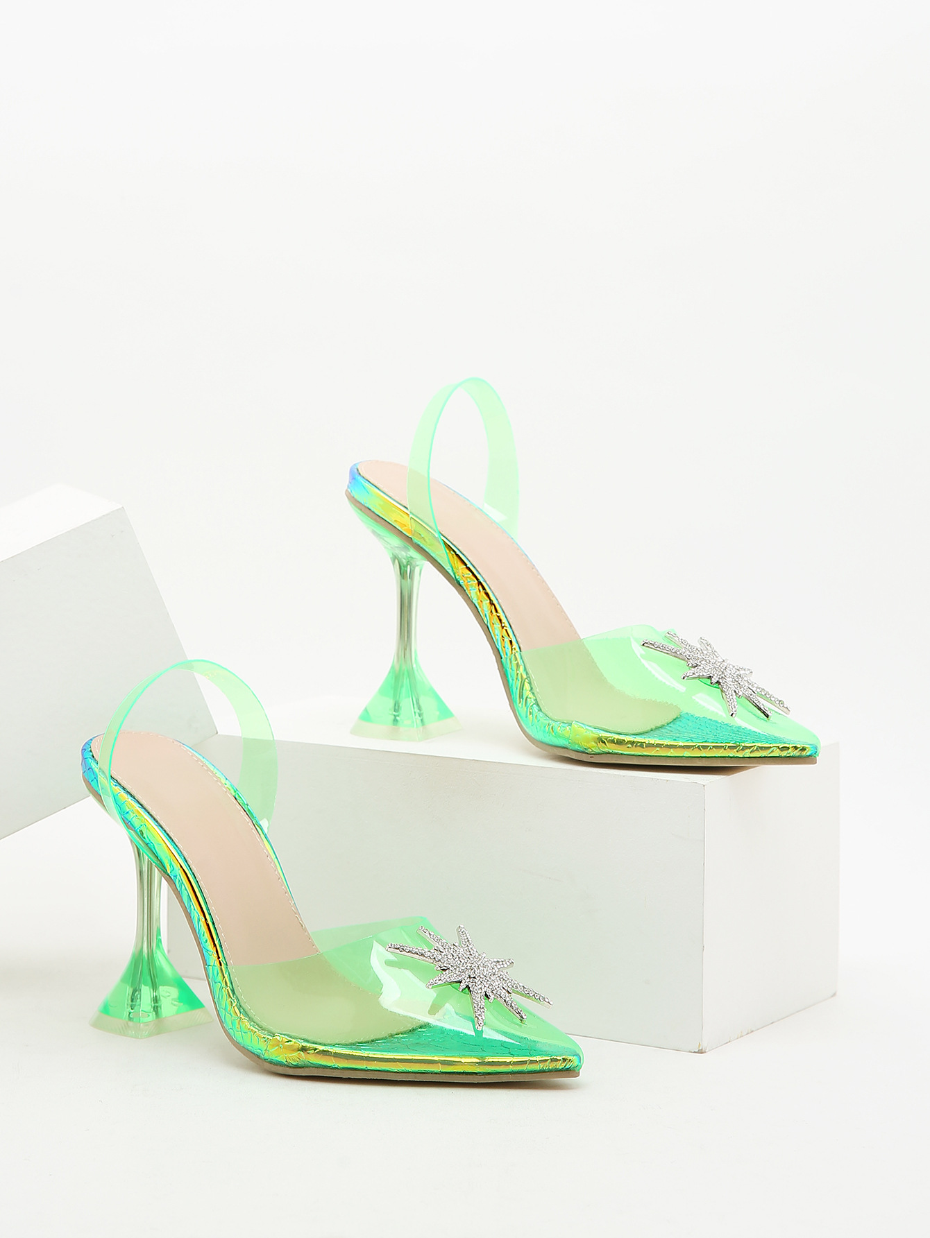 women s fluorescent green transparent pointed toe shallow mouth stiletto sandals nihaostyles wholesale clothing NSSO81992