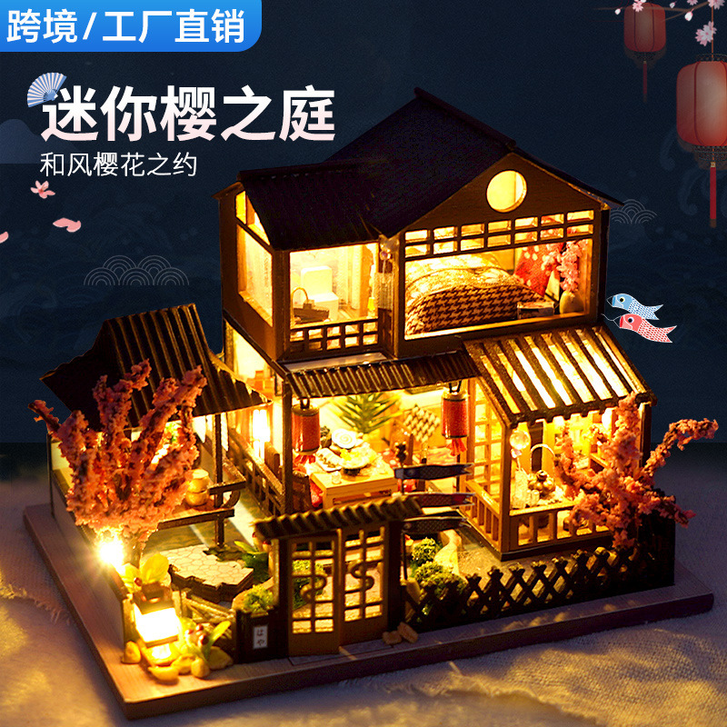 cross-border diy hut handmade house model personalized creative toys wooden luminous birthday gift wholesale