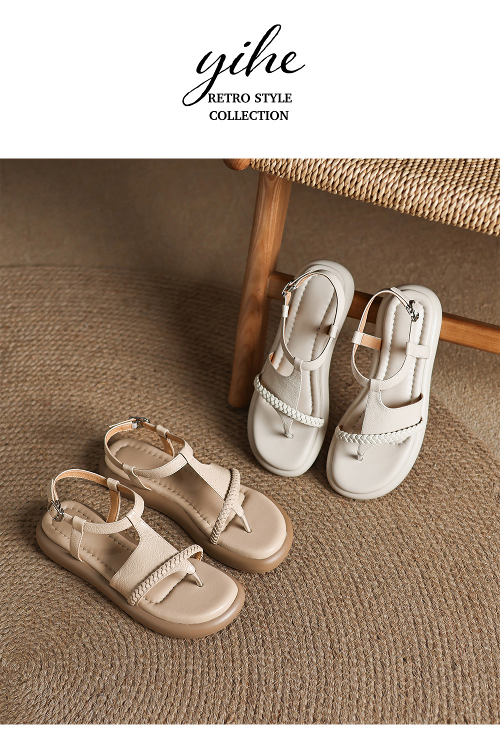 Sandal nữ quai chữ V đế bệt phong cách đi biển — màu trắng ngà chi tiết 13
