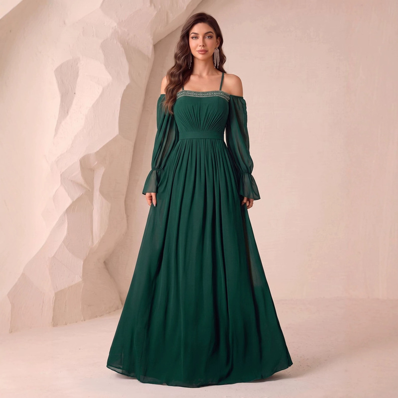 New Amazon Cross-Strap Lantern Long-Sleeve Dress with Embroidery and Beading on the Chest, Pleated Waist, and Large Flared Skirt New Amazon Cross-Strap Lantern Long-Sleeve Dress with Embroidery and Beading on the Chest, Pleated Waist, and Large Flared Skirt
