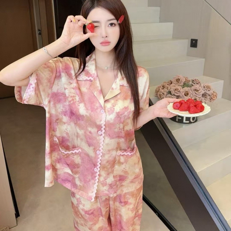 粉色短袖套装睡衣女仿真丝丝绸夏季简约高级家居服套装