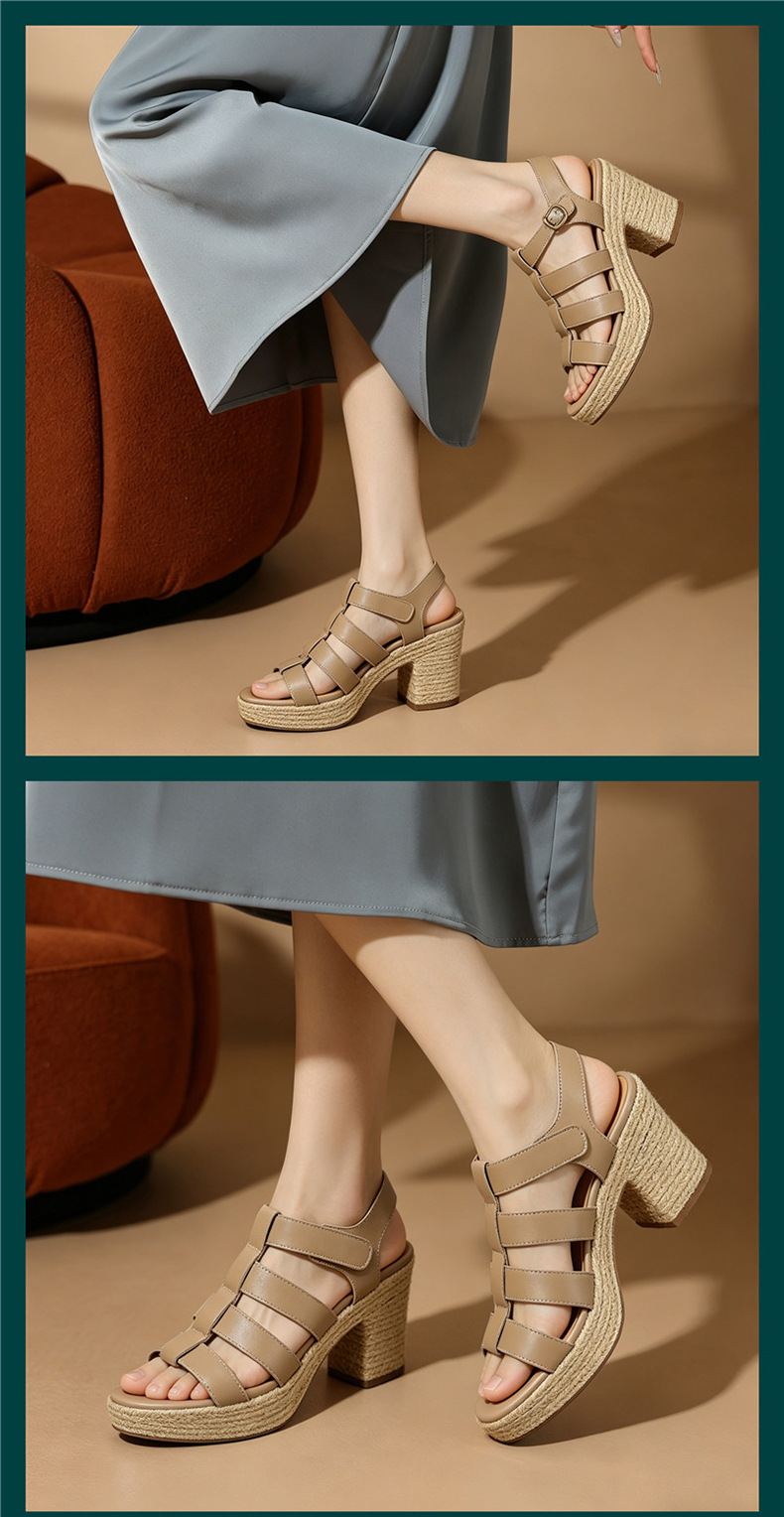 Sandal cao gót nữ hở mũi phong cách La Mã đế dày gót thô — đen chi tiết 7