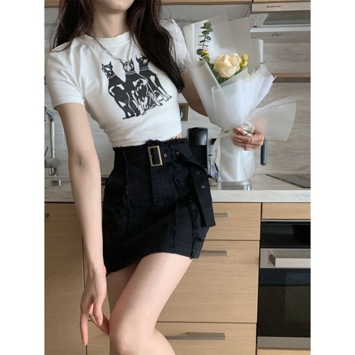 American cowboy half-length skirt women's summer hot girl high-waisted black A-line mini skirt dress Instagram trendy