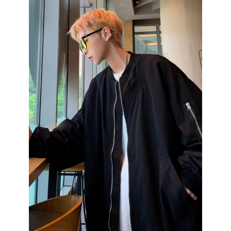 Black Bomber Jacket Coat Men's Summer cityboy High-end Sense American-style High Street Baseball Uniform Crock Top