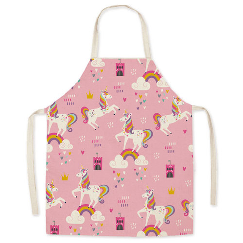 Faux Linen Art Cartoon Unicorn Apron Oil-Proof Waist Apron Parent-Child Kitchen Adult Sleeveless Neck Apron