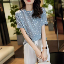 SY292810MG 笑涵阁 法式经典 桑蚕丝 晴空蓝波点短袖上衣