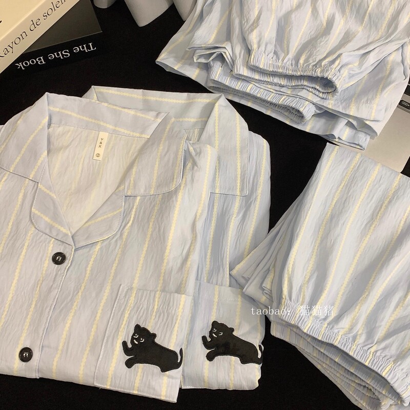 Embroidered Black Cat Couple Men's and Women's Pajamas Pure Cotton Yarn Three-Piece Summer Short-Sleeved Stripesd Large Size Thin Home Clothes Embroidered Black Cat Couple Men's and Women's Pajamas Pure Cotton Yarn Three-Piece Summer Short-Sleeved Stripesd Large Size Thin Home Clothes