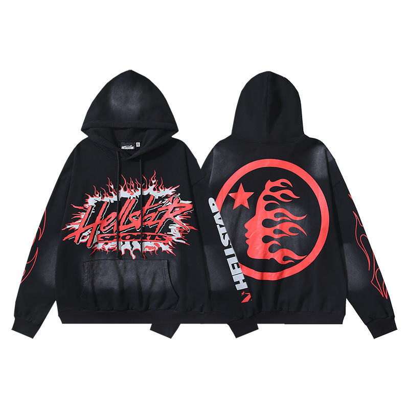 Hellstar ヨーロッパとアメリカのトレンディなブランド、ハイストリート、レトロ、ウォッシュド、ダメージ加工、プリント、ストリート、ルーズフィットのパーカー、男性用と女性用のスウェットシャツ|undefined