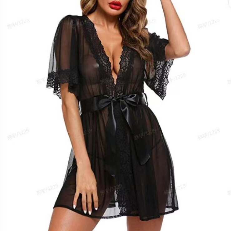 Cross-Border Aliexpress European and American Hot-Selling Plus-Size Fat Sister Lace Splicing Nightgown Sexy and Interesting Thong Nightgown Cross-Border Aliexpress European and American Hot-Selling Plus-Size Fat Sister Lace Splicing Nightgown Sexy and Interesting Thong Nightgown