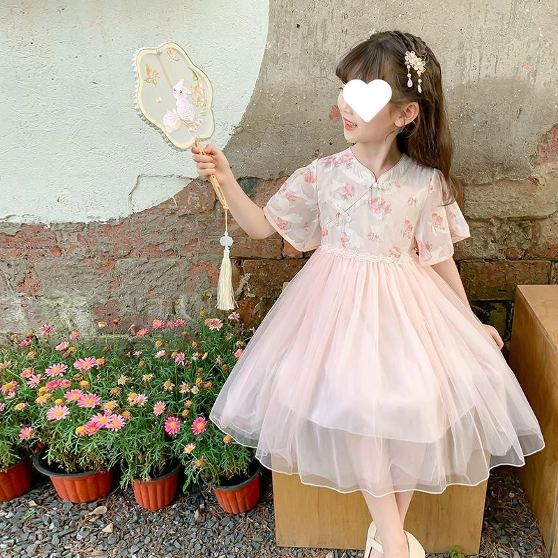 Летнее платье для девочек 2025, новое детское летнее платье в китайском этническом стиле, ханьская династия, чонсам, цветочная юбка принцессы