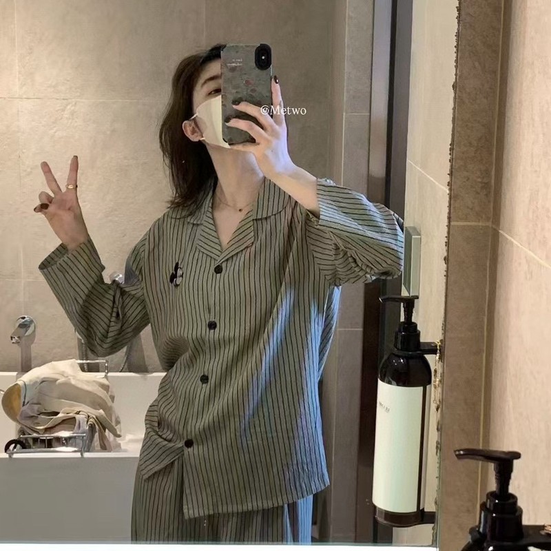 METWO Mickey suit Striped Long Sleeve Pajamas New Cardigan Trousers Home Clothes suit Korean Style Home Walk