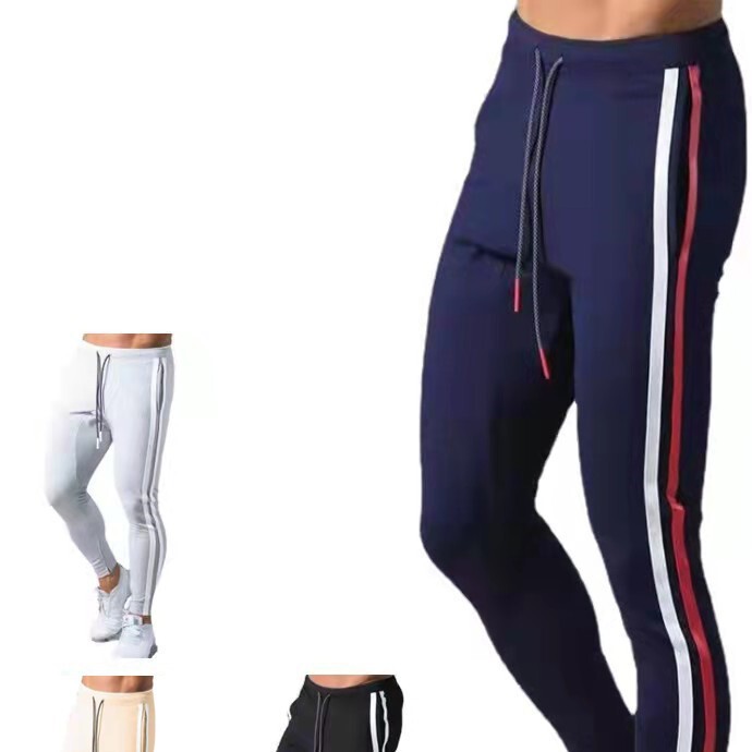 Muscular Men's Tight-Fitting Pants, Sports and Leisure Sweat-Absorbent Contrasting Color Zipper Pants, New Autumn Style