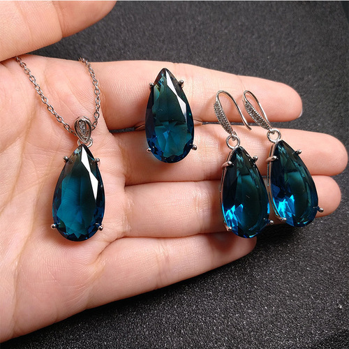 Live delivery of goods, imitation emerald ring, European and American blue crystal diamond ring, emerald drop-shaped ring