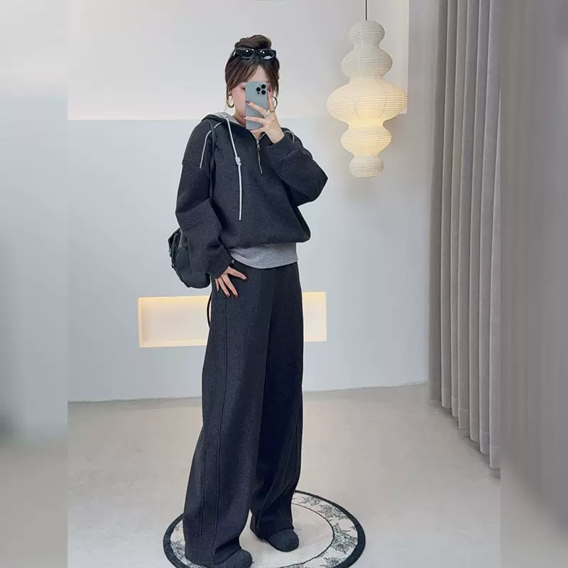 双天25年新款大码女装假两件拼接卫衣+弯刀休闲裤时尚套装9187AB