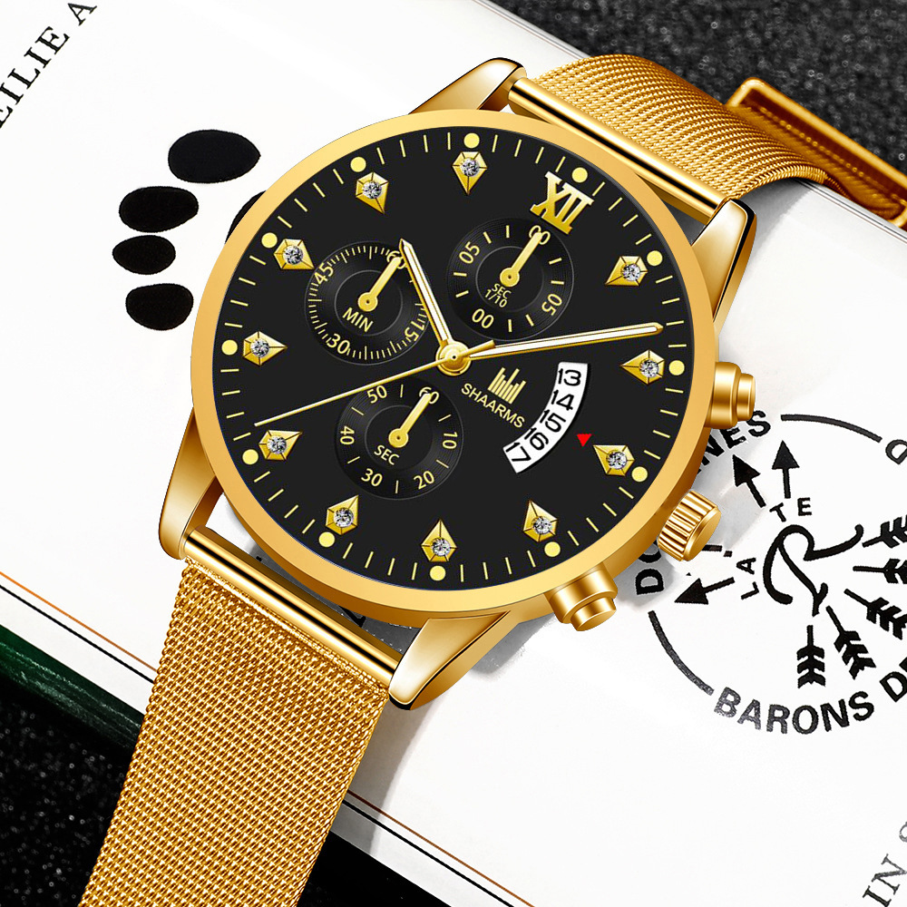 Wish Men's Quartz Watch Personalized Trendy Roman Scale Fake Three-Eye Alloy Mesh Strap Calendar Watch Men's Model