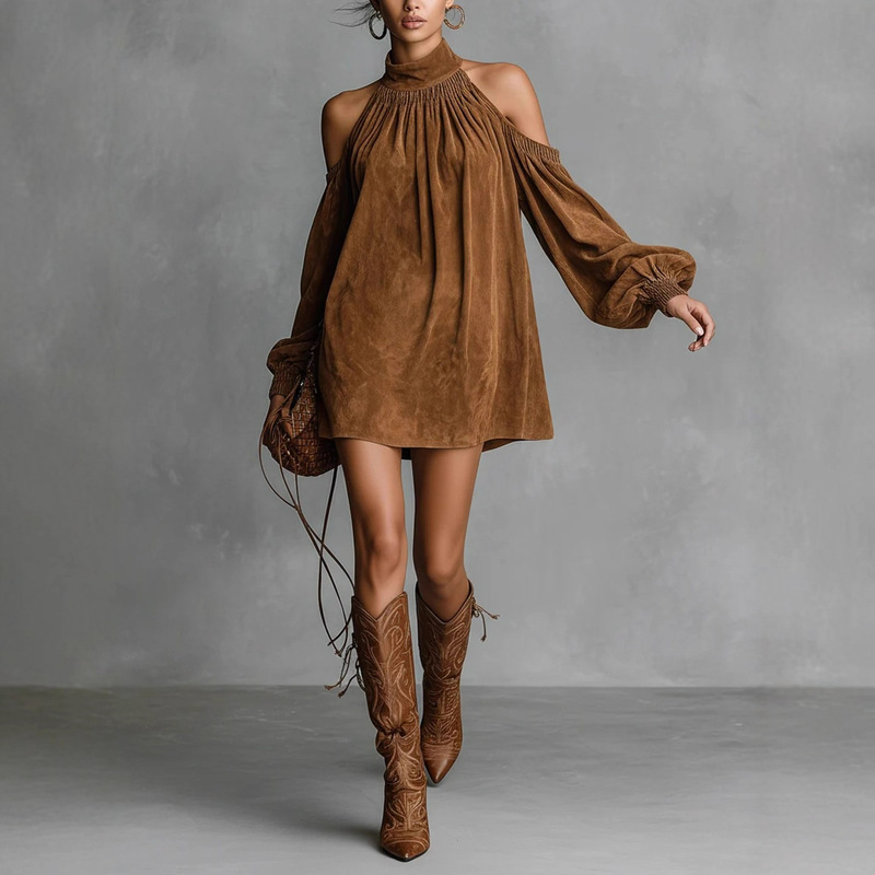 2025 European and American Independent Station Fashionable Half-High Collar Halterneck Dress Suede Lantern Sleeve Off-Shoulder Mini Skirt