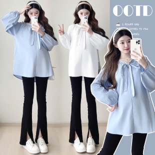 Maternity 2025 Spring New Pregnant Women's Shirt Loose Base Top Bow Tie Long Sleeve Shirt