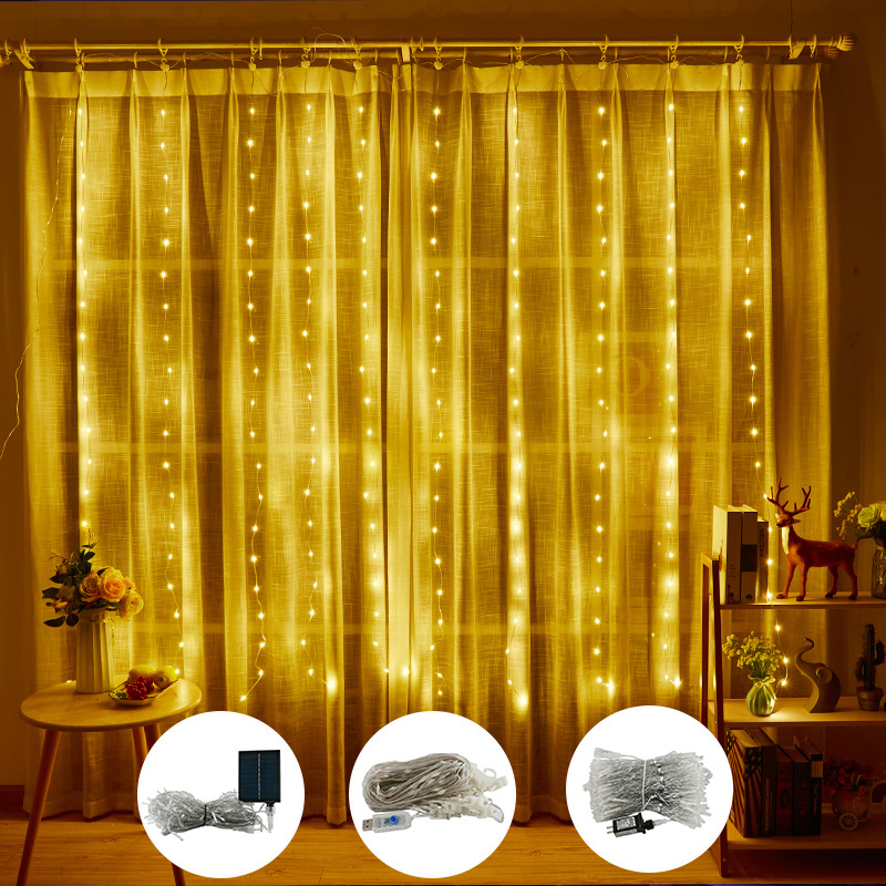 Lámpara de cortina de alambre de cuero LED, habitación de casa, diseño de ambiente de dormitorio, control remoto USB 8 funciones, 3*3 luces de cortina al por mayor