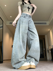 实拍！！！灰色泼墨弯刀牛仔裤男女潮牌美式街头宽松裤子东南亚棉