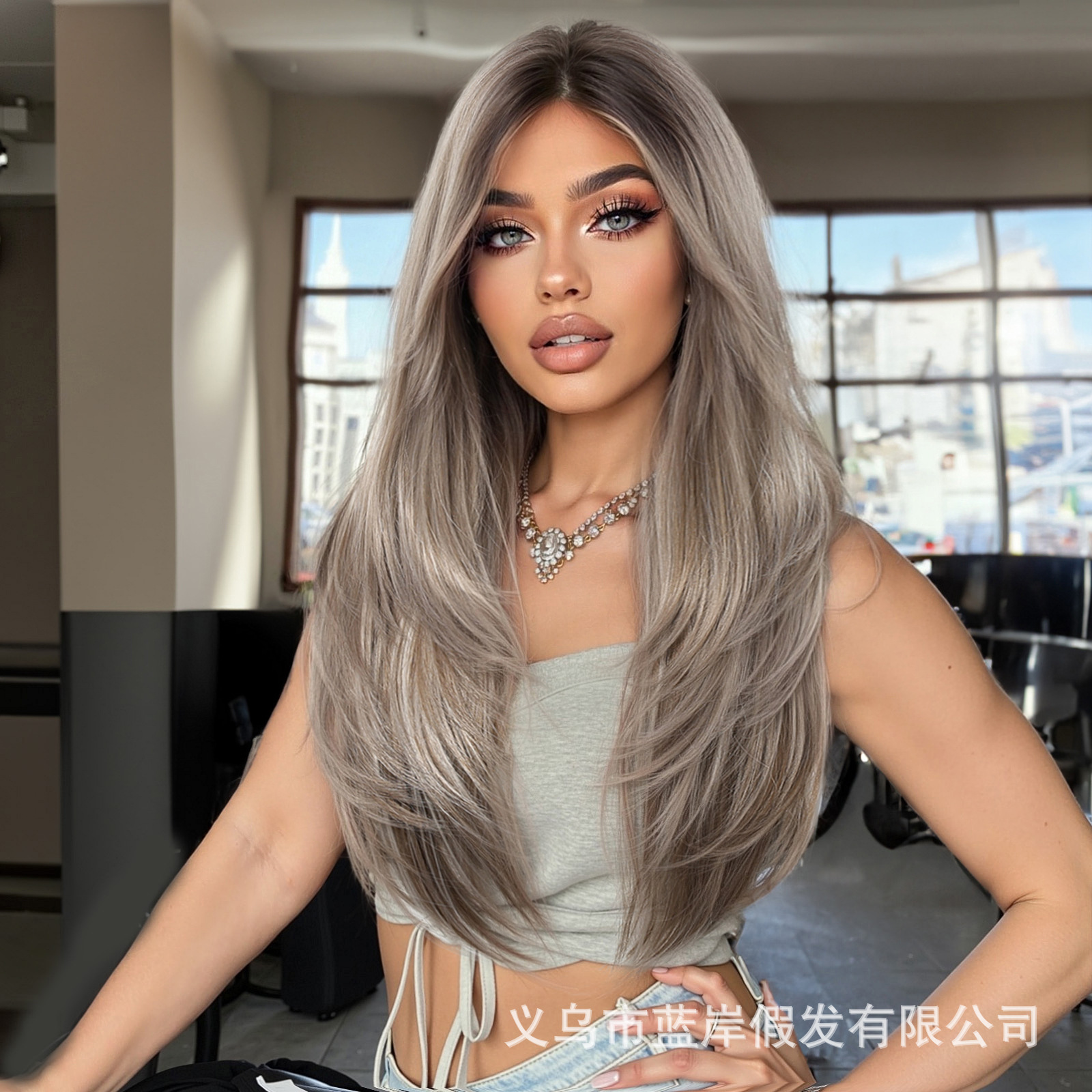 Peluca mujer cubierta completa moda estilo europeo y americano peluca de alto nivel degradado cubierta de fibra química gris wigs