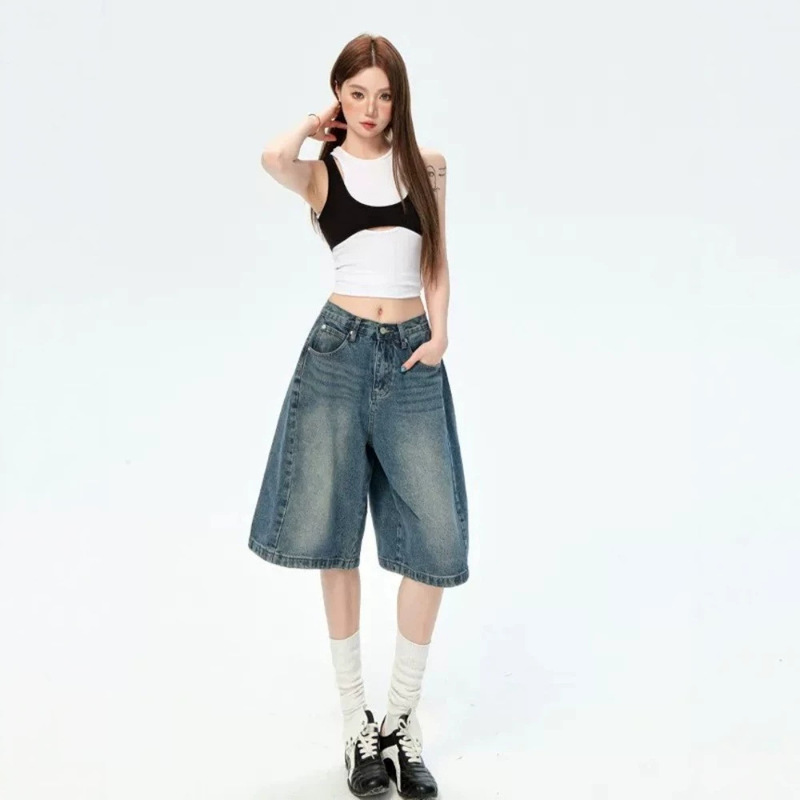 Jin Jing Style Denim Shorts for Men and Women, 2026 Spring/Summer New American Retro Casual Loose Wide-Leg Mid-Length Pants