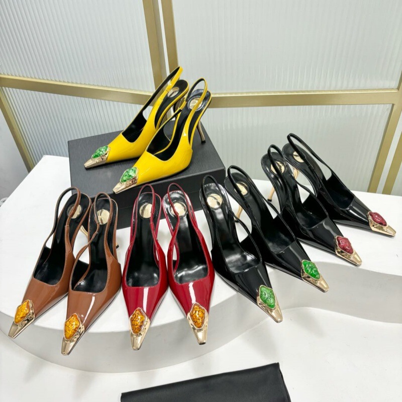 Spring and Autumn Sexy High Heels for Celebrity Ladies Patent Leather Metal Iron Head Gemstone Elegant Shaped Heel Rear Empty Single-layer Shoes for Women