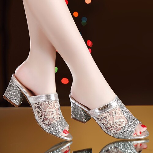 Women's 2024 Summer New Fish-Toe Medium Heel Mesh Rough Heel Glitter Casual Plus Size Sandals Direct Manufacturer Sale