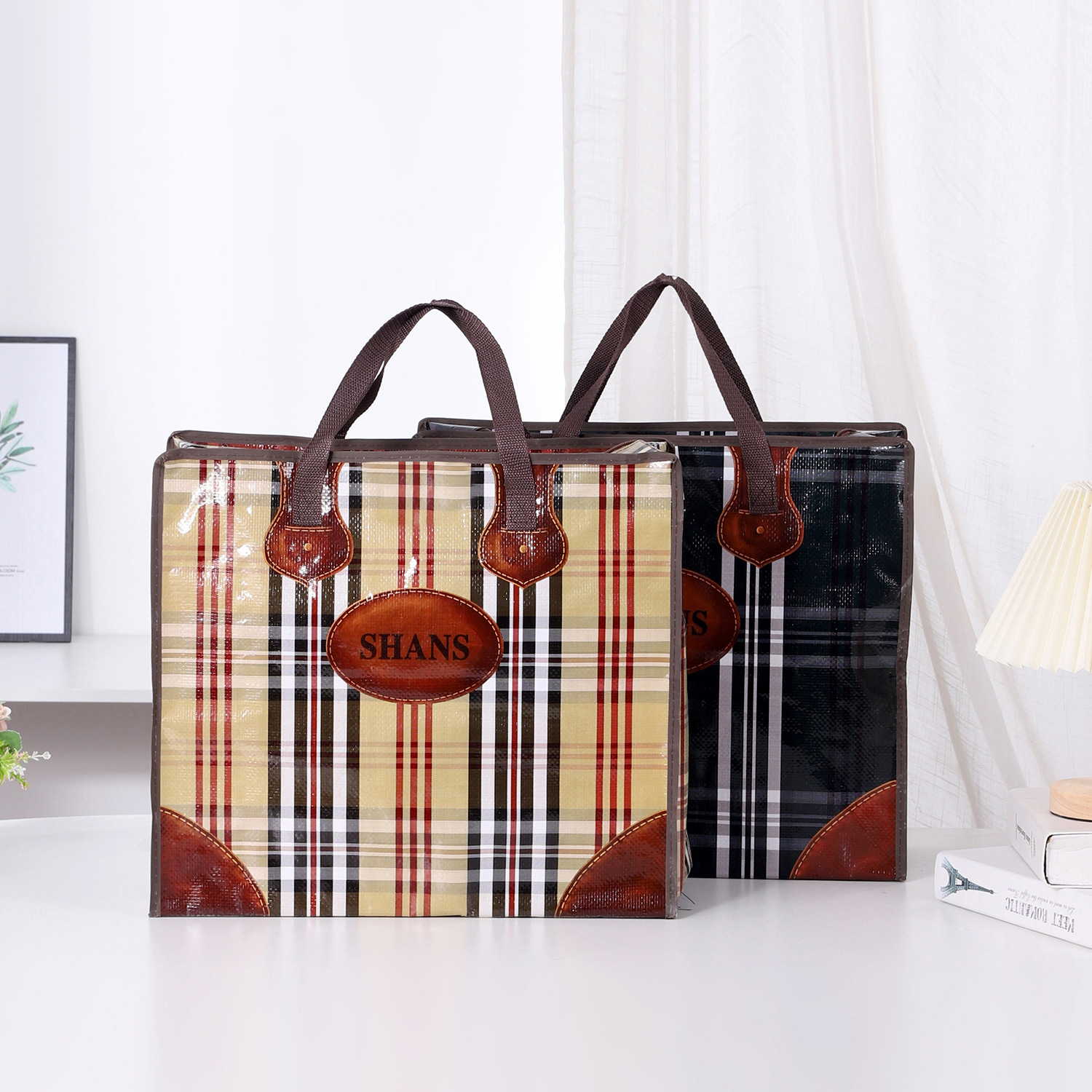 Pe加厚手提编织袋彩印覆膜收纳超市购物袋简约格子搬家袋厂家定制