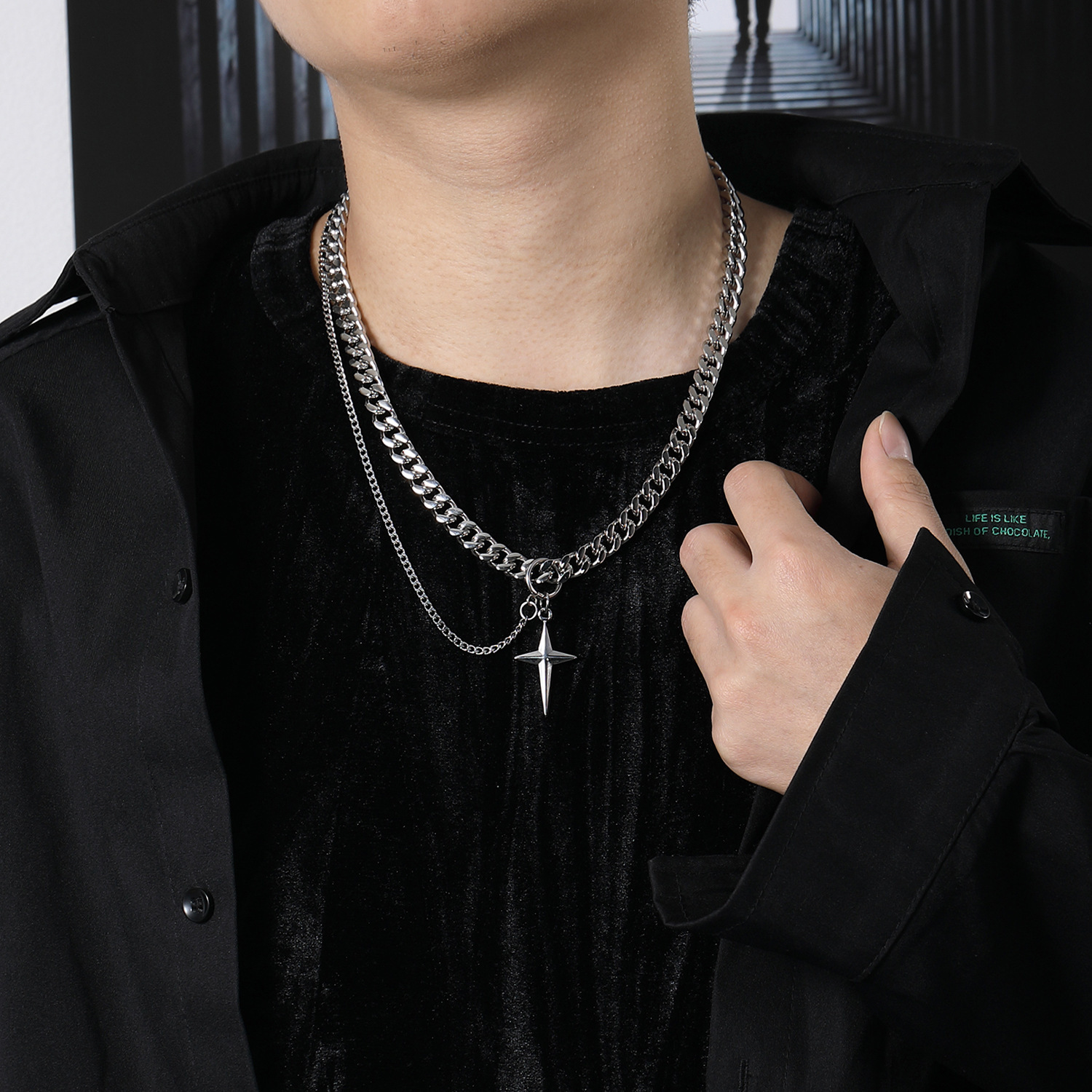 歐美十字架星星項鍊男女個性小眾設計冷淡風項飾嘻哈百搭鎖骨鏈潮