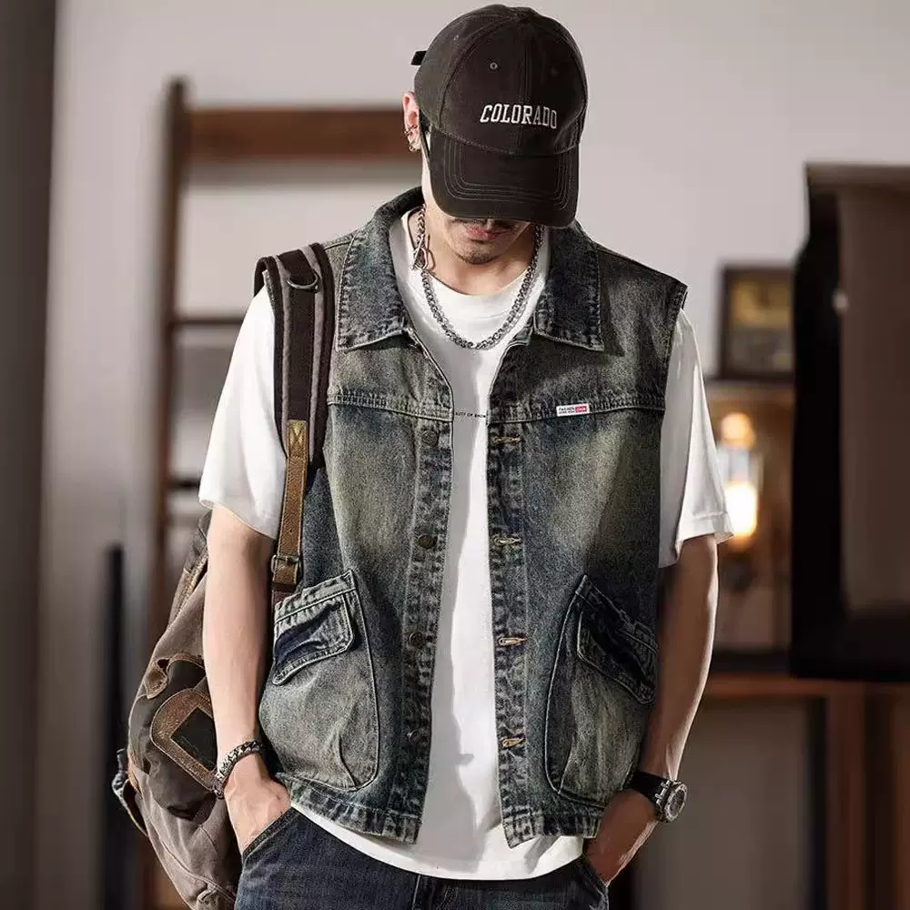 春季牛仔马甲男士复古怀旧大码无袖马夹坎肩工装大口袋背心外套潮
