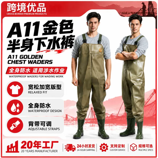 A11 Gold-colored half-body wading pants, wading pants, fishing jumpsuit, fishing pants, fishing suit, wading suit