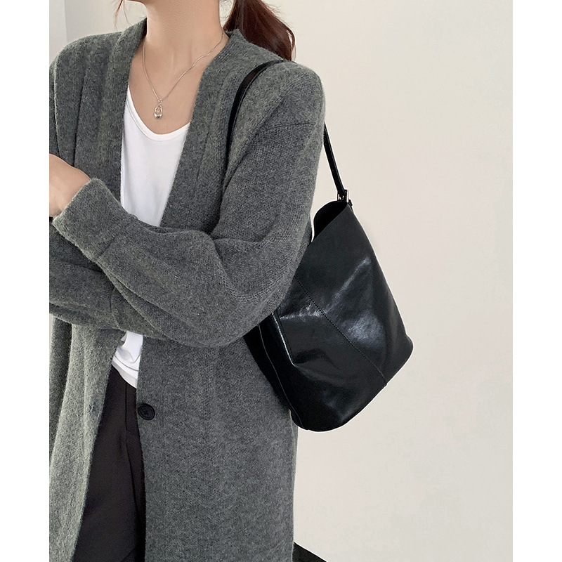 【 Vera pelle da donna 】 Borsa a secchiello monospalla in pelle bovina conciata al vegetale leggera e di lusso alla moda, sensoriale di alta qualità_voghion.com