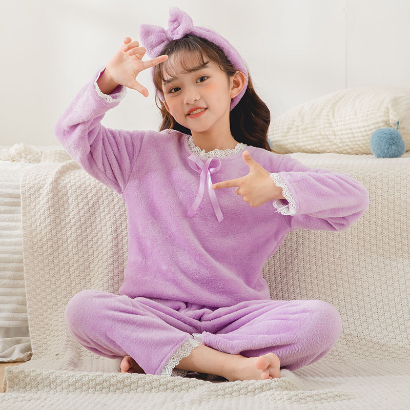 Pijamas infantiles niñas de franela pequeña princesa calentamiento otoño y invierno más terciopelo grueso dibujos animados ropa para niños de tamaño mediano ropa para el hogar